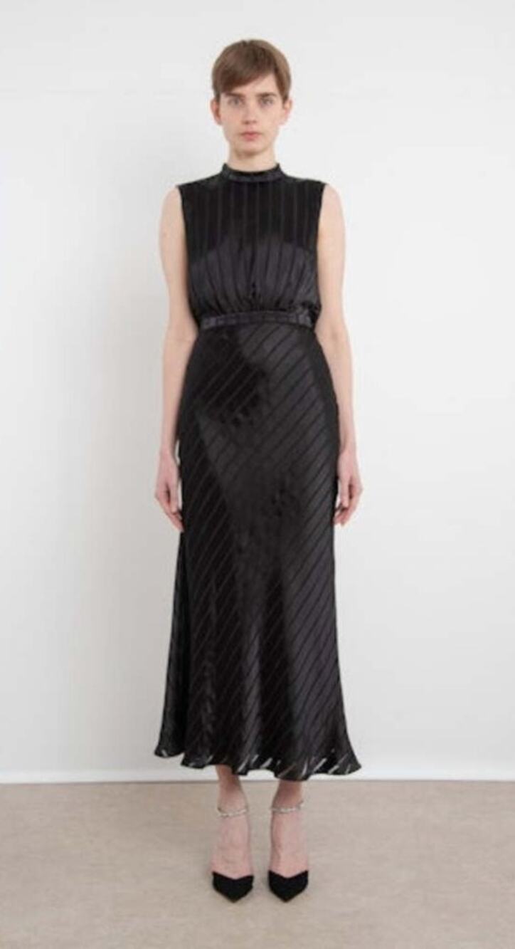 Saloni Black Irregular Stripe Satin Devore Dress Size 8 US Silk Blend